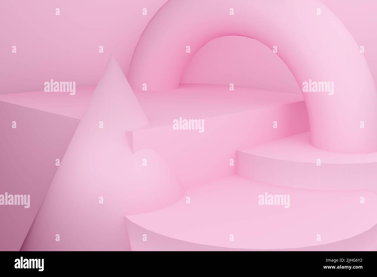 Scena astratta in toni rosa, piedistallo su un cilindro. 3D rendering. Corpi geometrici: Cilindri, cono, cubo, toro. Foto Stock