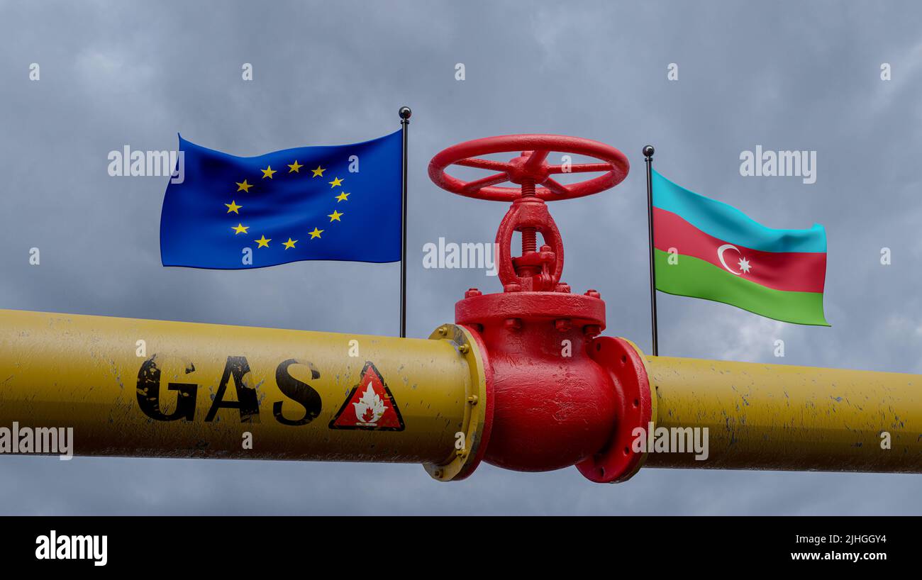 Tubo di gas dall'azerbaigian all'Unione europea, valvola sul principale gasdotto azerbaigian, concetto di sanzioni, lavoro 3D e immagine 3D Foto Stock