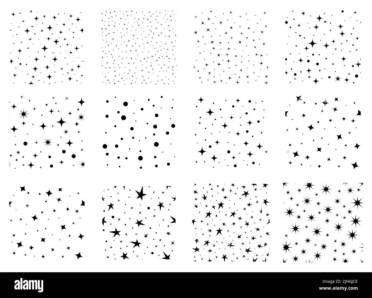 Stelle casuali Patterns senza giunture impostati. Carta da parati vettore stellata. Illustrazione Vettoriale