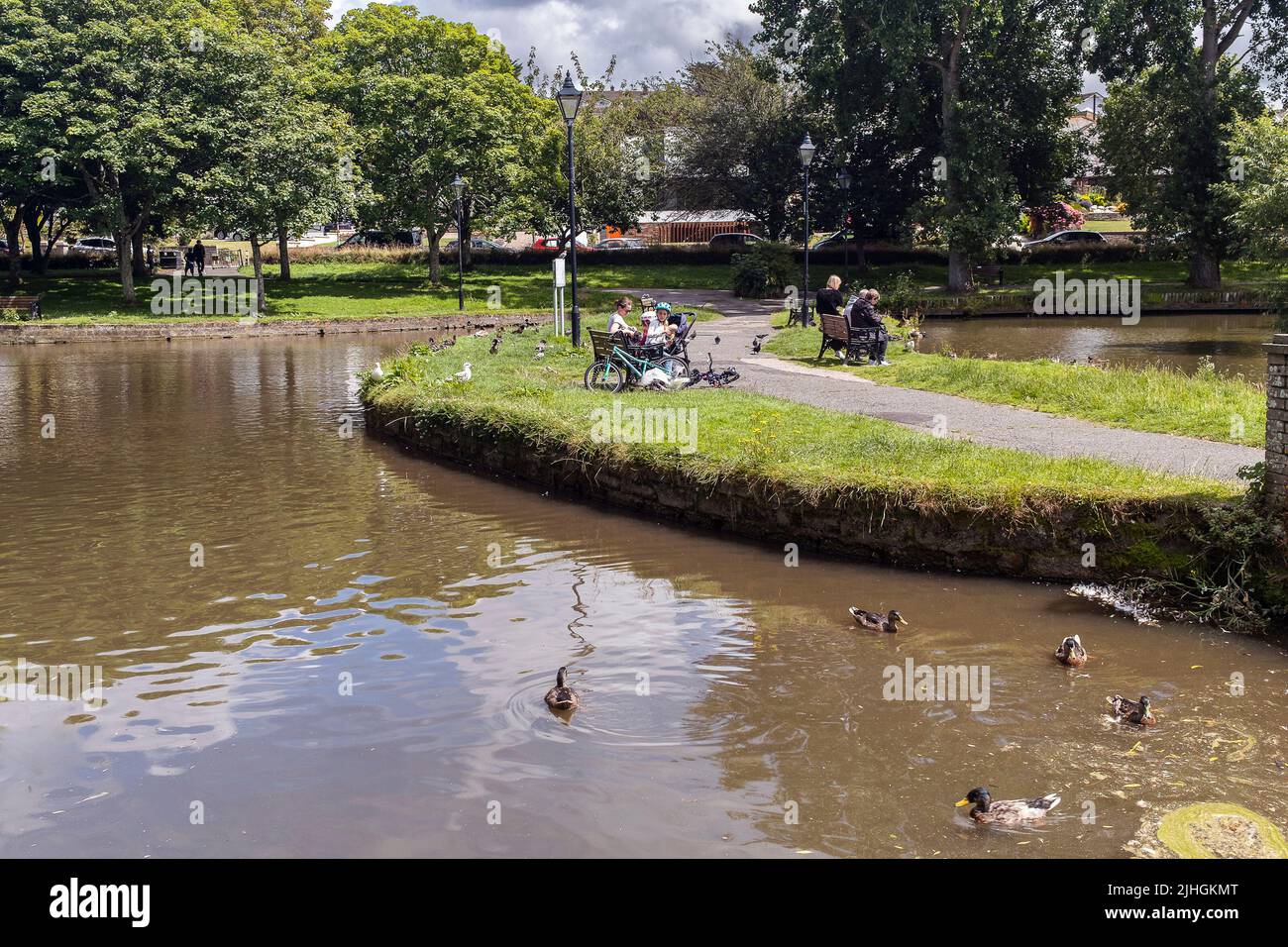 La gente gode di relax nei giardini di Trenance in Cornovaglia in Inghilterra nel Regno Unito. Foto Stock