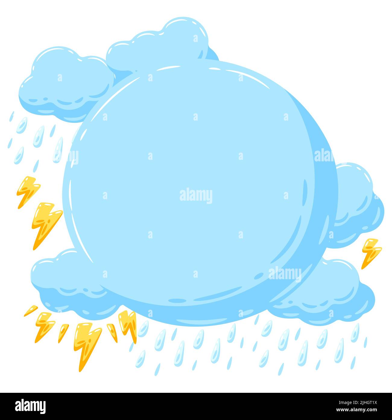 Modello senza cuciture con nuvole blu, pioggia e fulmini. Cartoon cute immagine del fenomeno naturale. Illustrazione Vettoriale