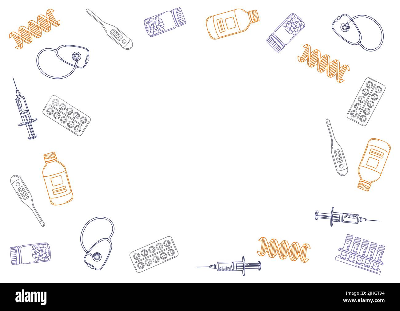 Telaio con articoli medici e sanitari. Attrezzature e simboli per farmacie e ospedali. Illustrazione Vettoriale