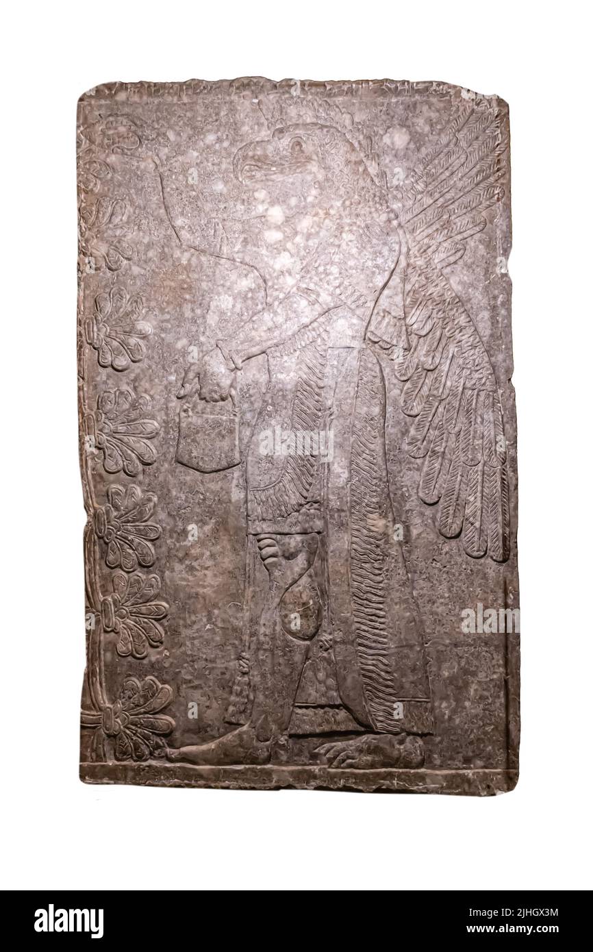 Divinità avifauna dell'albero sacro - rilievo dal palazzo di Ashurnasirpal II a Kalhu, (Nimrud) - Alabastro - museo dell'Hermitage del IX secolo a.C. Foto Stock