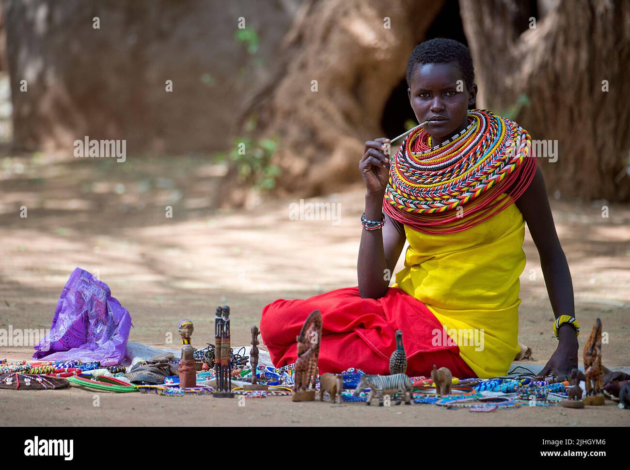 Samburu donna e il suo negozio. Foto dal Distretto Samburu, Kenya. Foto Stock