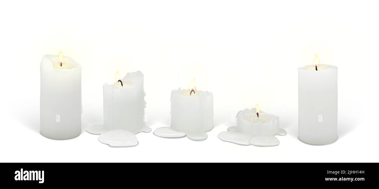 Set di candele realistiche che bruciano su sfondo bianco Illustrazione Vettoriale