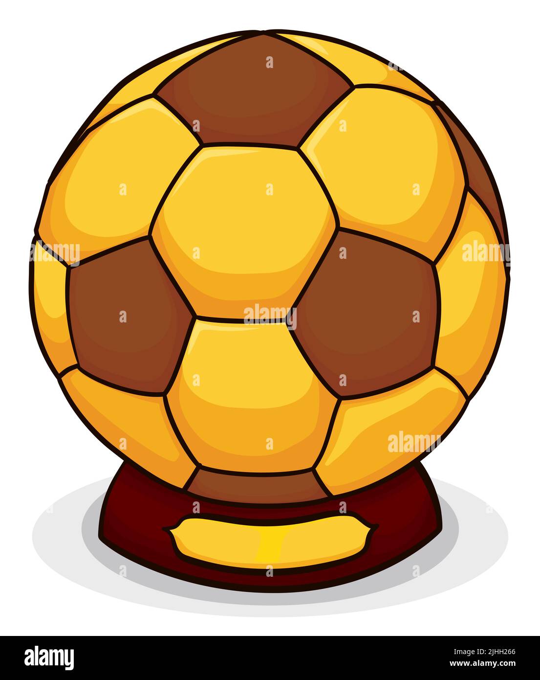 Design di palla da calcio dorata e una base in legno ed etichetta come un trofeo per il torneo sportivo. Illustrazione Vettoriale