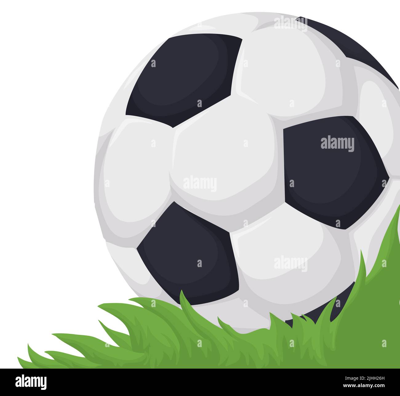 Vista ravvicinata della palla da calcio in un campo verde. Design in stile cartoon e sfondo bianco. Illustrazione Vettoriale