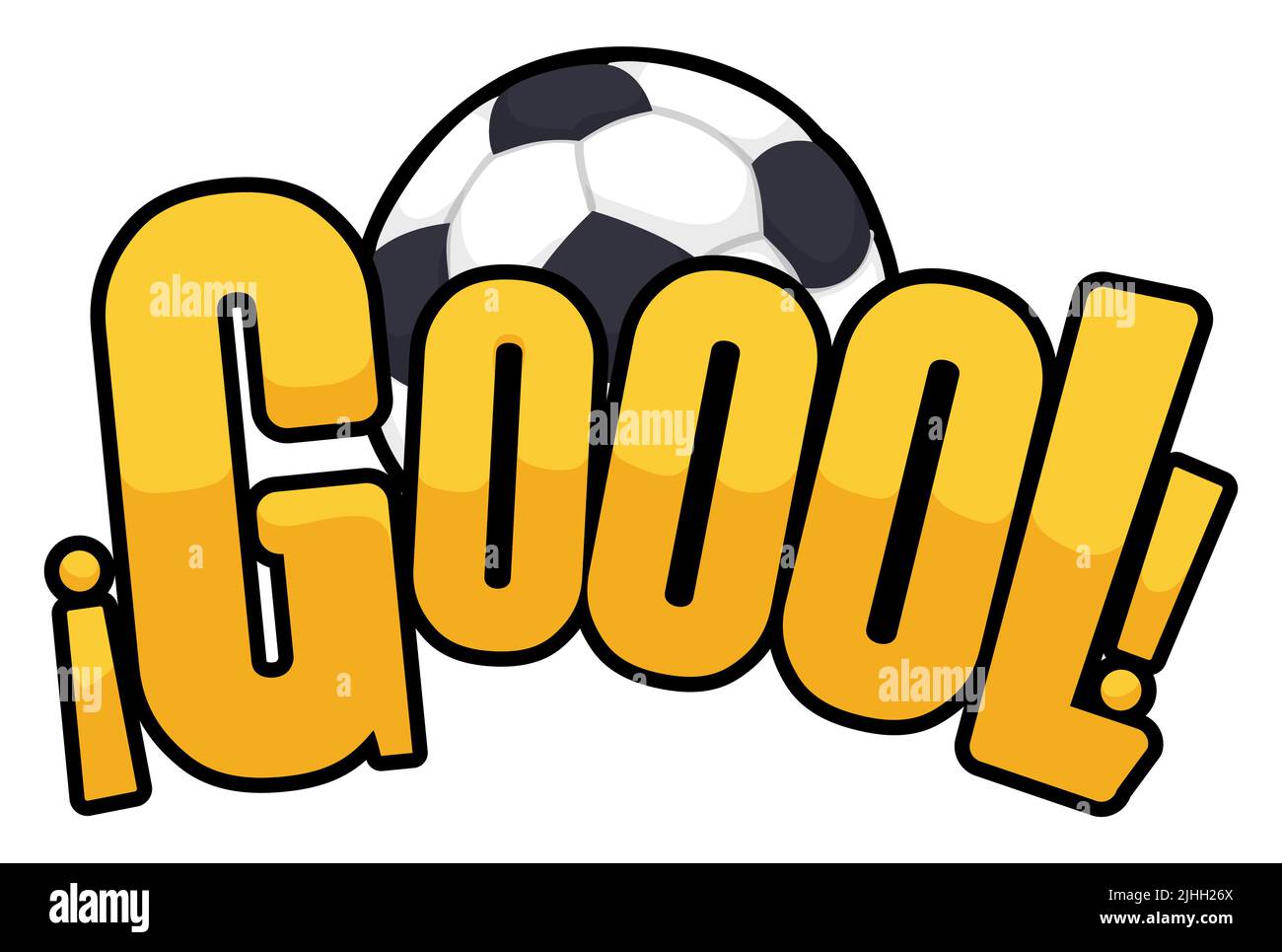 Design sportivo con palla da calcio dietro lettere dorate con l'espressione di punteggio 'goool' -scritta in spagnolo, il che significa: Un'espressione allegra per obiettivo Illustrazione Vettoriale
