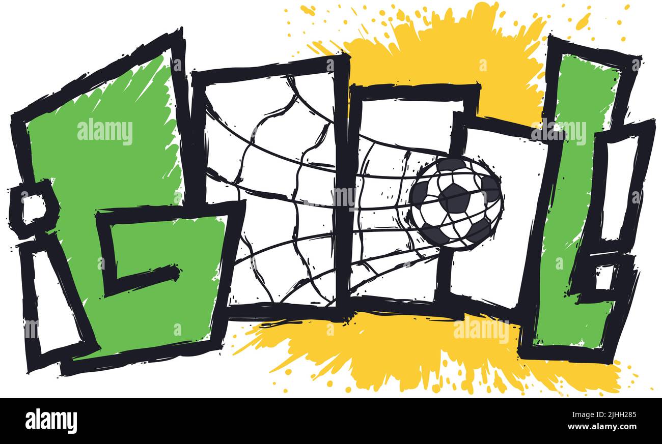 Disegno colorato graffiti con spruzzi di vernice verde e giallo e palla di calcio che segnano un gol, scritto in spagnolo. Illustrazione Vettoriale