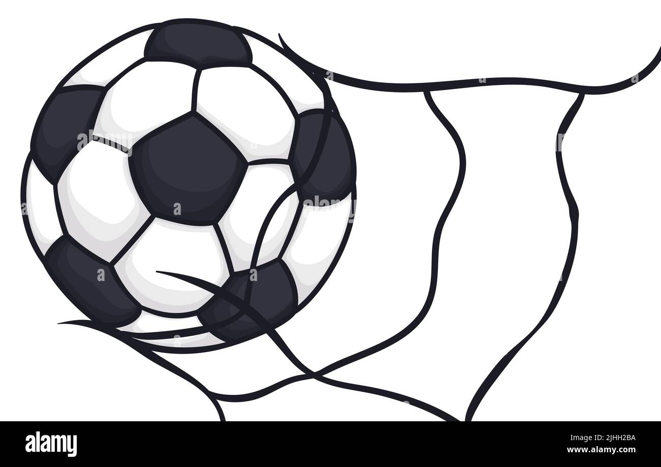Design in stile cartoon di una palla di calcio che entra e si rompe attraverso una rete. Illustrazione Vettoriale
