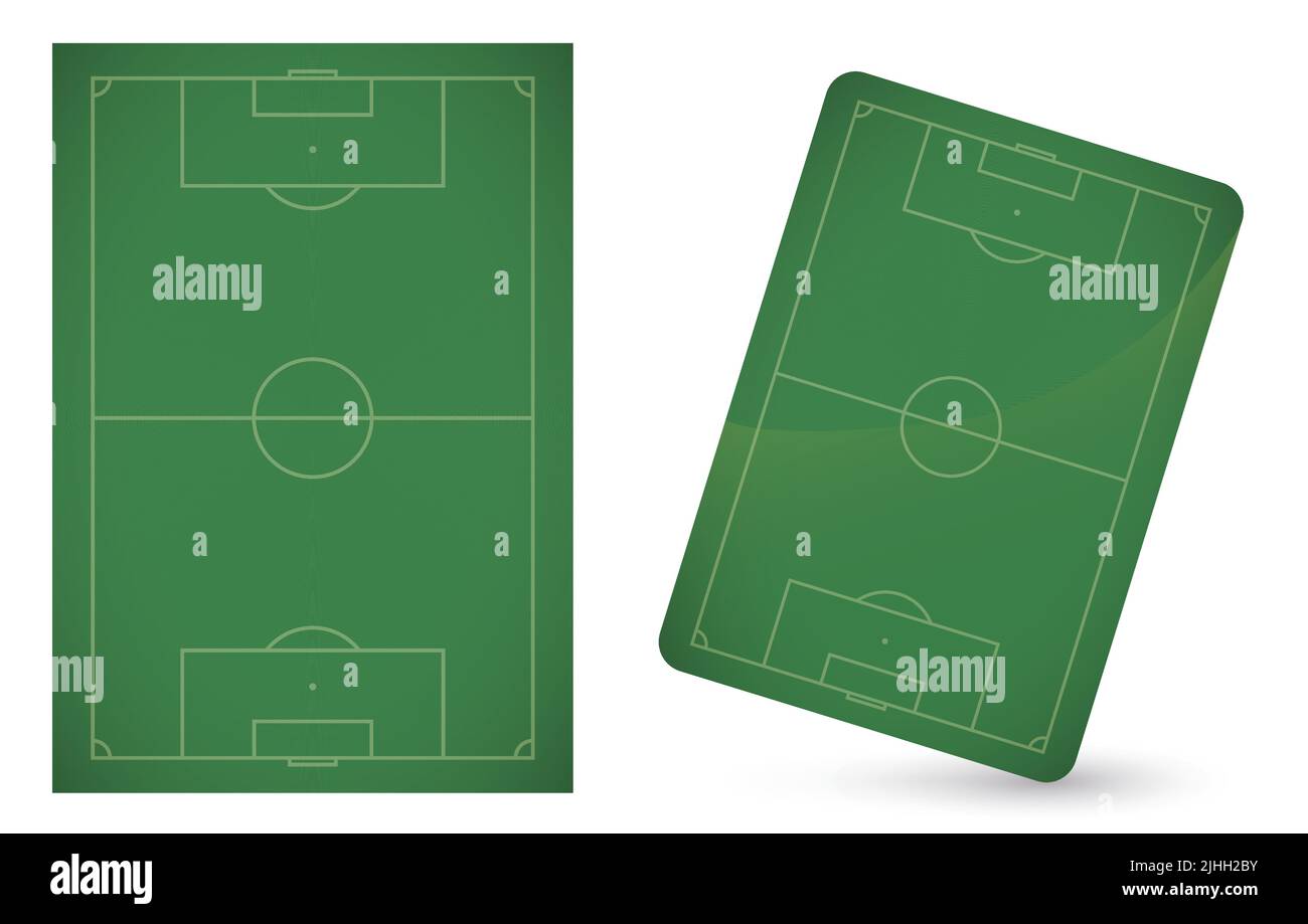 Coppia di carta verde di dimensioni diverse con l'immagine di un campo di calcio isolato su sfondo bianco. Illustrazione Vettoriale