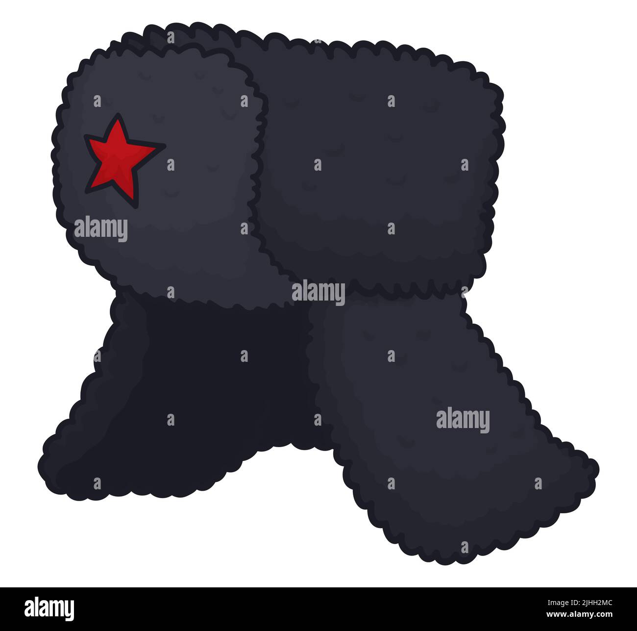 Tradizionale cappello russo o ushanka, pronto per essere utilizzato durante la stagione invernale, con decorazioni a stella rossa e pelliccia nera. Illustrazione Vettoriale