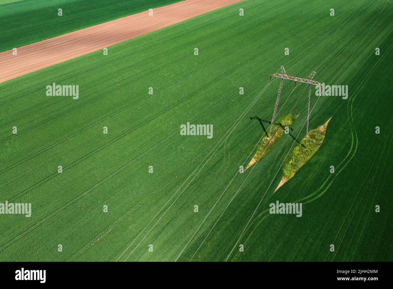 Torre di trasmissione che supporta la linea di alimentazione aerea attraverso il campo coltivato, vista aerea dal drone pov Foto Stock