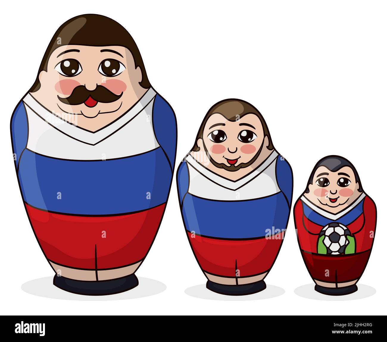 Insieme di bambole Matryoshka, come squadra di calcio: Il piccolo portiere con pallone da calcio, il centrocampista barbuto e il capitano con baffi. Design in auto Illustrazione Vettoriale