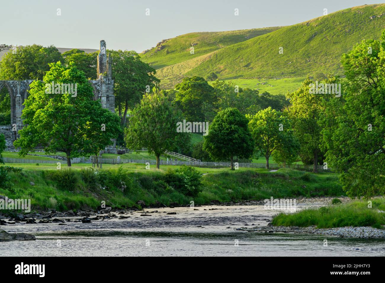 Bolton Abbey (splendida rovina storica lungo il fiume, fiume tortuoso, colline ondulate al sole, serata estiva) - Wharfedale Yorkshire Dales, Inghilterra, Regno Unito Foto Stock