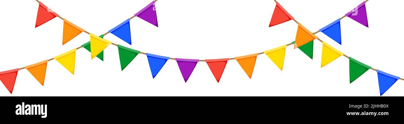 Ghirlanda LGBT. Catena dei pennants di colore arcobaleno. Decorazione a grappolo per feste. Bandiere triangolari per l'arredamento d'orgoglio. Vettore Illustrazione Vettoriale