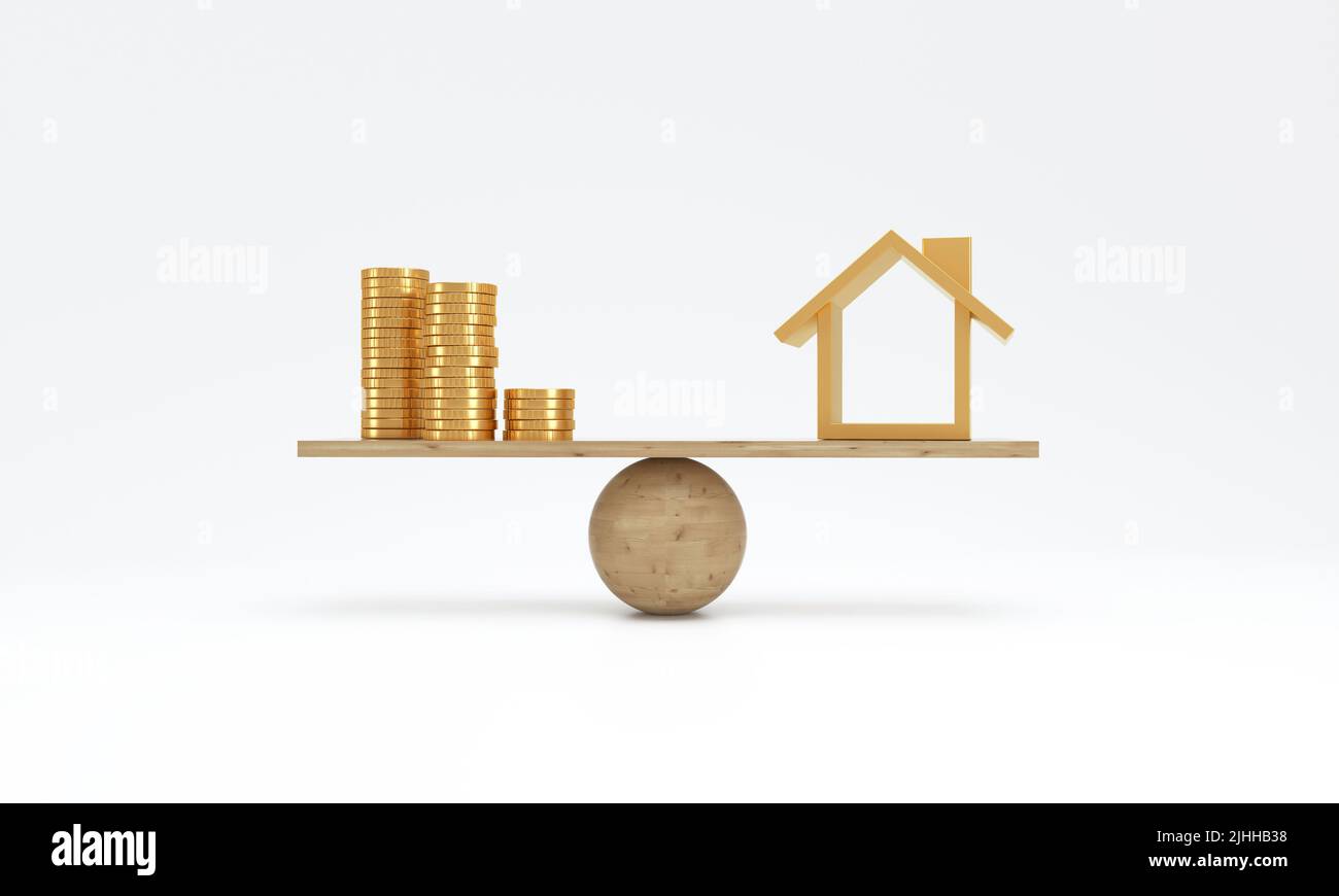 Casa e moneta d'oro su scala di bilanciamento su sfondo bianco. Investimento ipotecario di affari del bene immobile e concetto di prestito finanziario. 3D rendering. Foto Stock