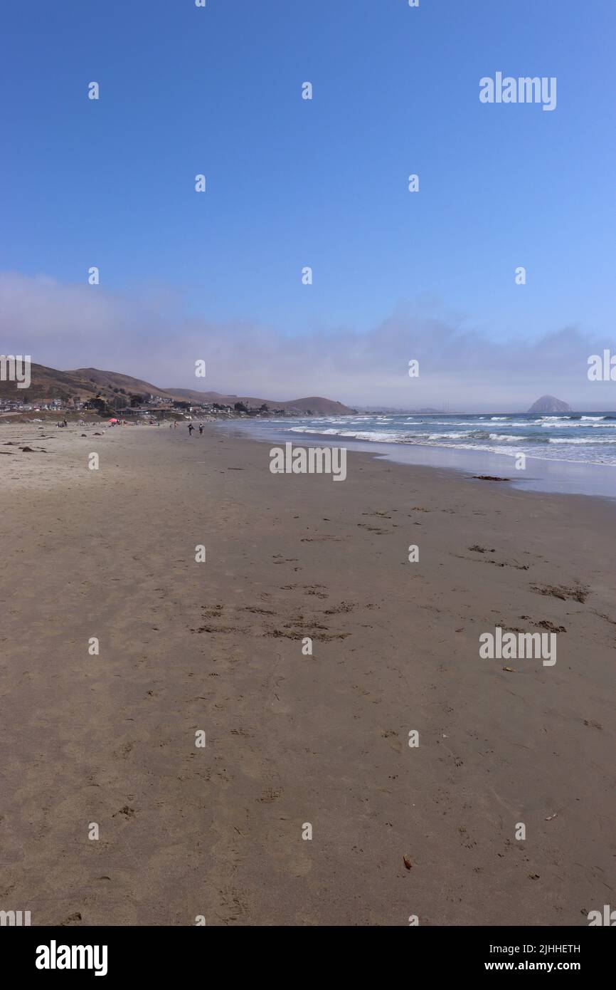 Un pomeriggio tranquillo e leggermente coperto su una spiaggia vicino Cayucos, CA con poche persone e dolci onde. Morro Bay si trova in lontananza con la sua roccia gigante. Foto Stock