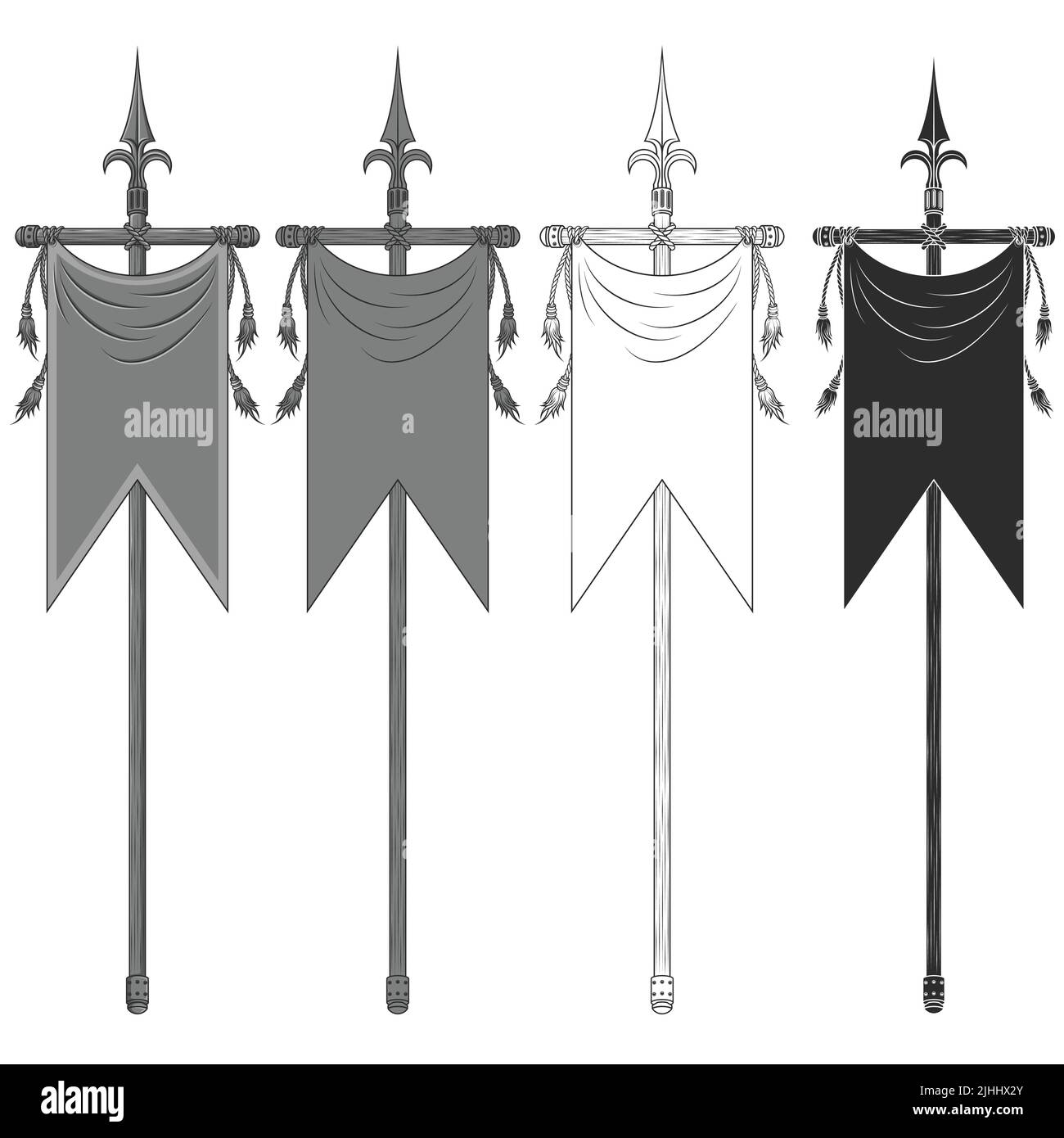 Design a bandiera verticale in stile medievale con simbolo araldico, bandiera di nobili famiglie del Medioevo su una lancia Illustrazione Vettoriale
