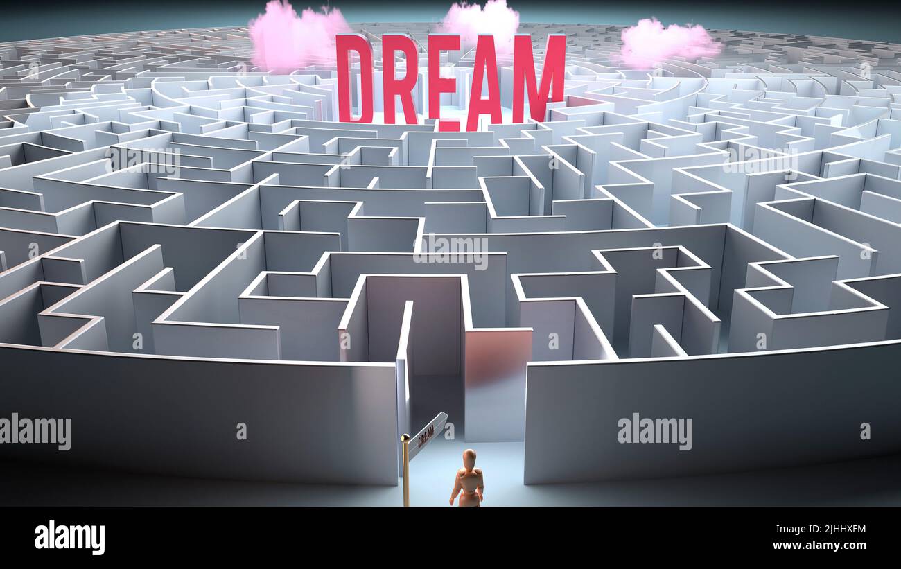 Sogno e un percorso impegnativo che porta ad esso - confusione e frustrazione nella ricerca di esso, complicato viaggio a Dream, 3D illustrazione Foto Stock