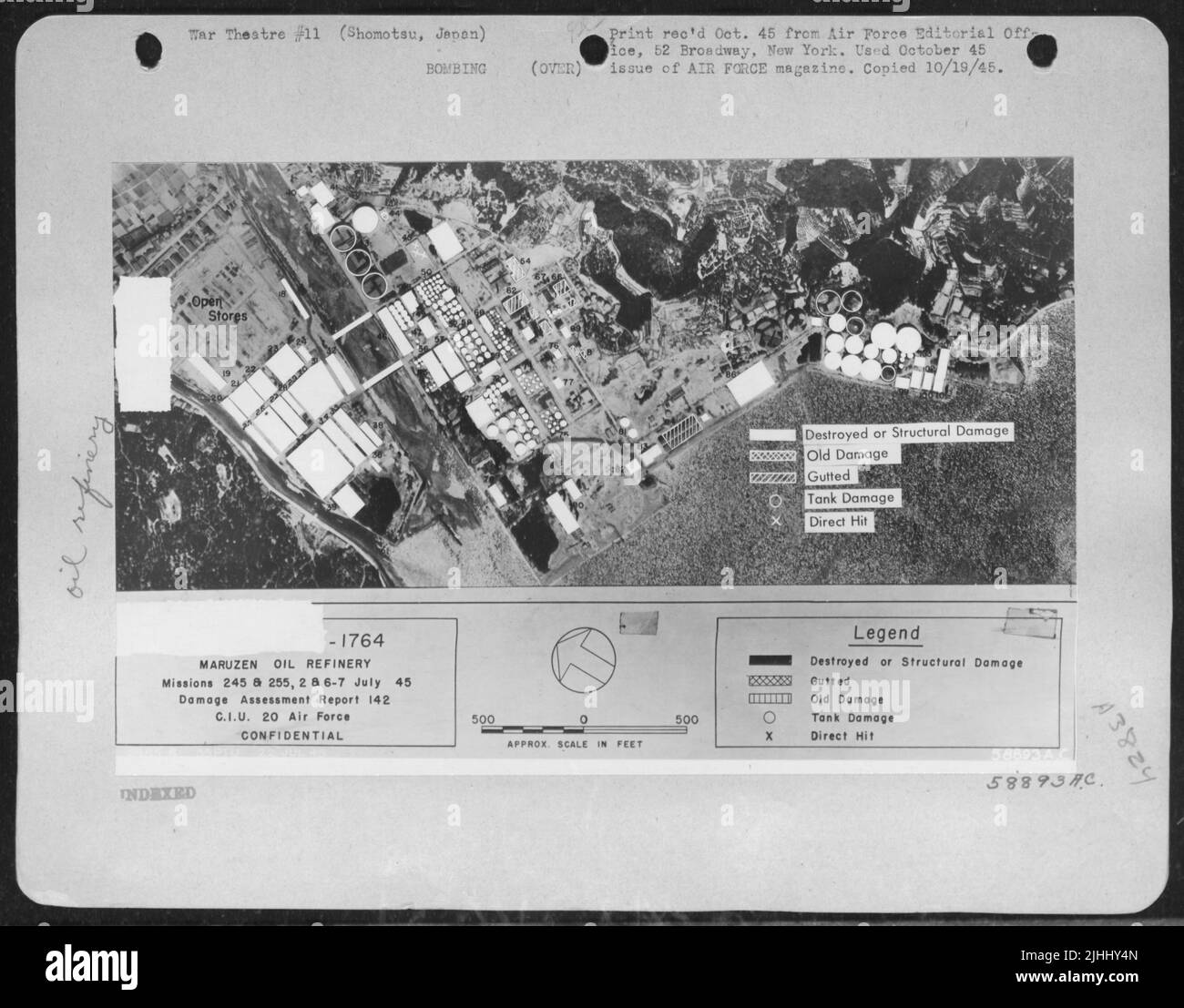 Nel mese che precede la fine della Guerra, Blindbomb nel Pacifico raggiunse un'altezza di tutti i tempi, con il 78,5 per cento di tutte le 20th bombe dell'Aeronautica militare che sono state abbandonate dal Radar. Luglio ha anche visto Un nuovo record per la precisione di bombardamento radar quando B-29 's dotato di migliorato High-Resolu Foto Stock