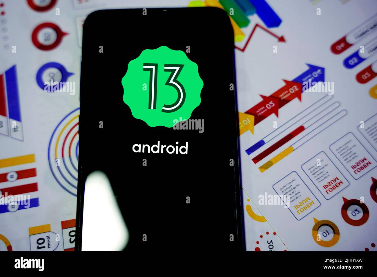 Smartphone con logo android 13. Sistema operativo google. Stati Uniti, California 17 luglio 2022 Foto Stock