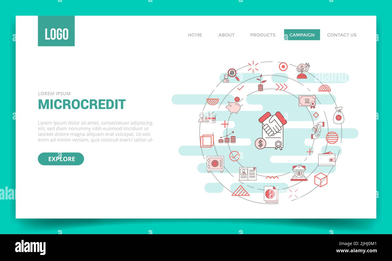 concetto di microcredito con icona a cerchio per il modello di sito web o la pagina di destinazione home page illustrazione vettoriale Foto Stock
