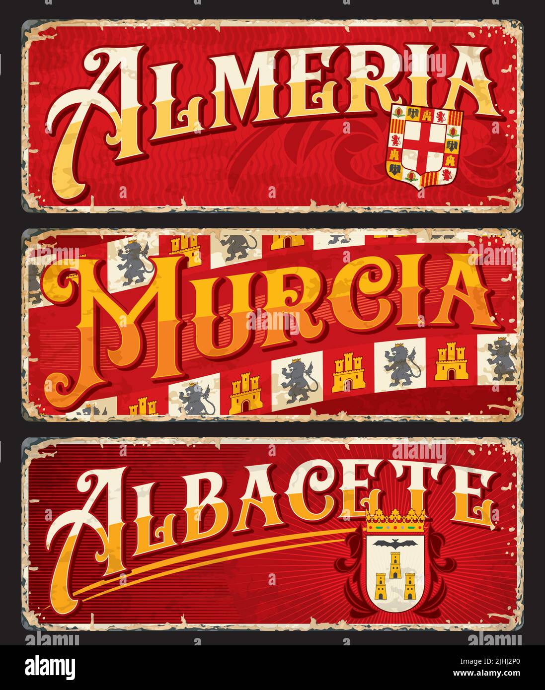 Almeria, Murcia, Albacete, targhe cittadine spagnole e adesivi da viaggio, etichette vettoriali per bagagli. Spagna città stagno segni e targhe di viaggio con monumenti, emblemi di bandiera e simboli municipali Illustrazione Vettoriale