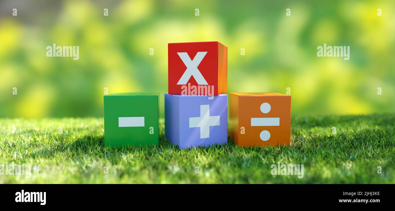 Simboli matematici. Segni di matematica di base. Più, meno, aggiungere, sottrarre, moltiplicare e dividere. Blocchi colorati su sfondo verde natura, 3D rendering Foto Stock