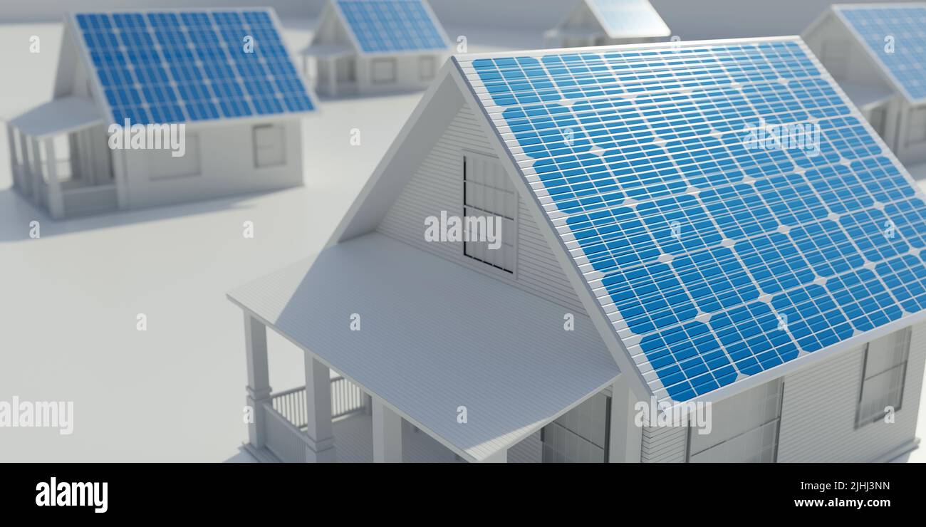 Casa ecologica in miniatura con pannello solare sul tetto su sfondo bianco. Sole l'energia pulita, verde, sostenibile, rinnovabile. Vista ravvicinata dall'alto. 3d giri Foto Stock