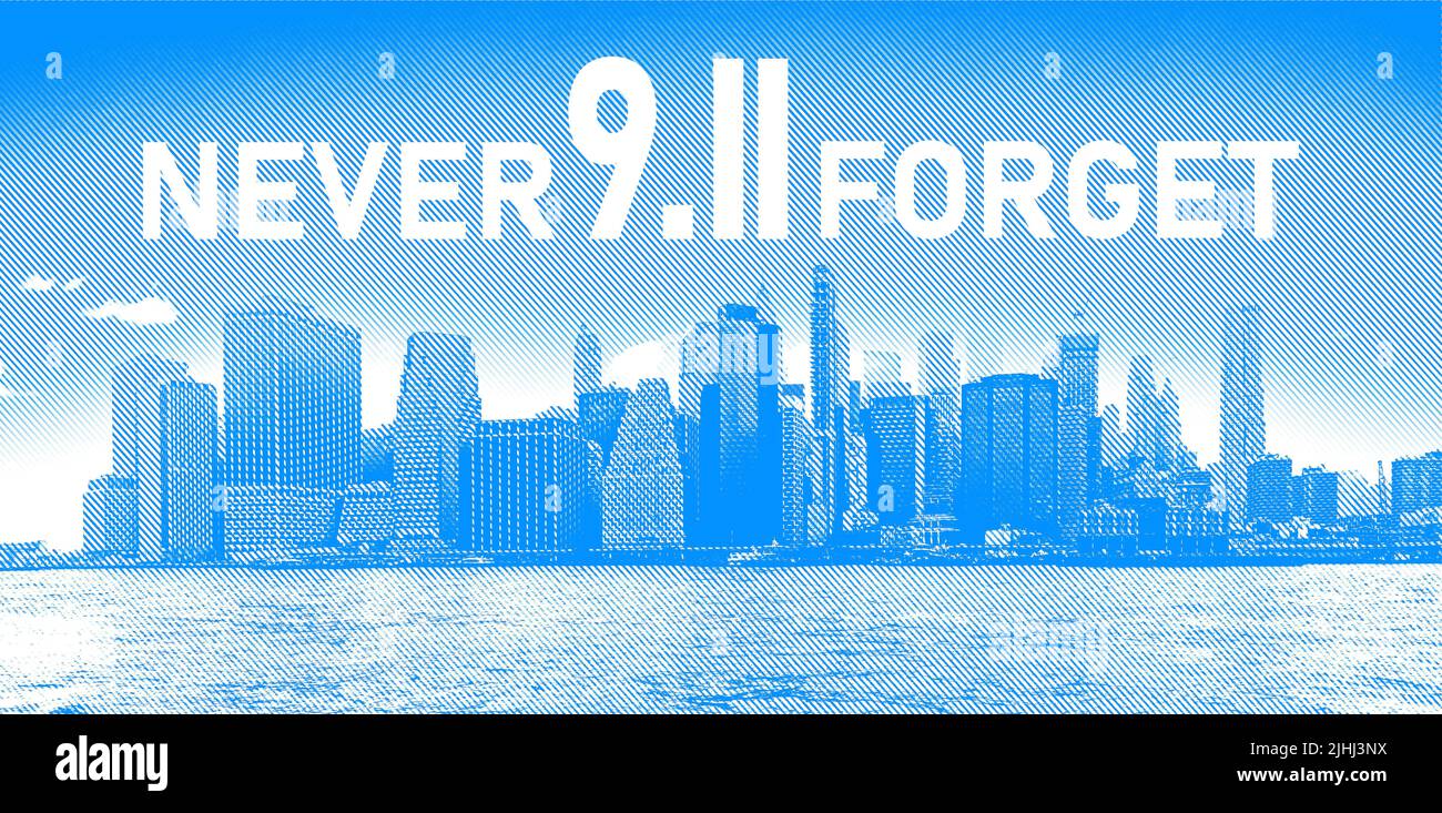911 USA non dimenticare mai. Testo bianco sullo skyline blu di New York. Ricorda il 11 settembre 2001. Gli Stati Uniti America Patriot Day background Foto Stock 911 USA non dimenticare mai. Testo bianco sullo skyline blu di New York. Ricorda il 11 settembre 2001. Gli Stati Uniti America Patriot Day background Foto Stock