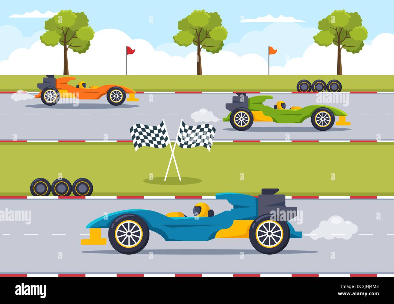 Formula Racing Sport Car raggiungi su Race Circuit la linea di finitura Cartoon Illustrazione per vincere il campionato in Flat Style Design Illustrazione Vettoriale