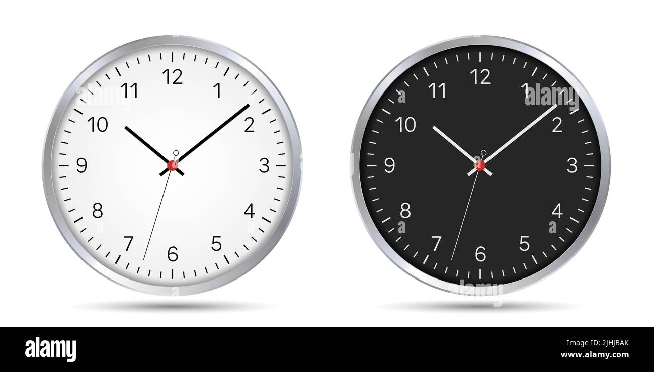 Un set di orologi circolari bianchi e neri con una seconda mano e una cornice metallica. Composizione con numeri, mani e centro rosso - vettore Illustrazione Vettoriale