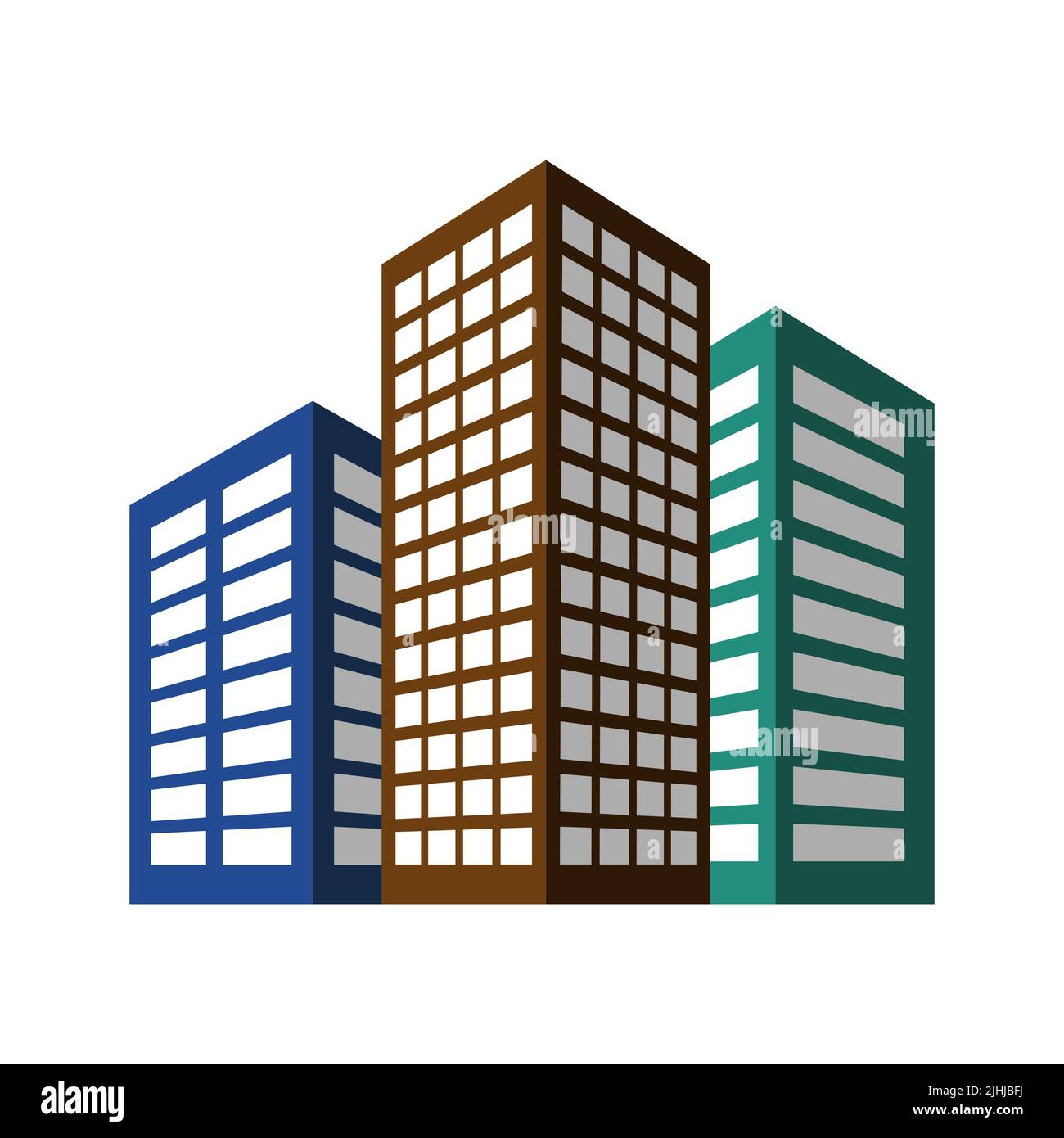 3 edifici residenziali o commerciali, case di appartamenti multicolori con ombra e prospettiva, architettura urbana della città. Icona vettore semplice. Illustrazione Vettoriale