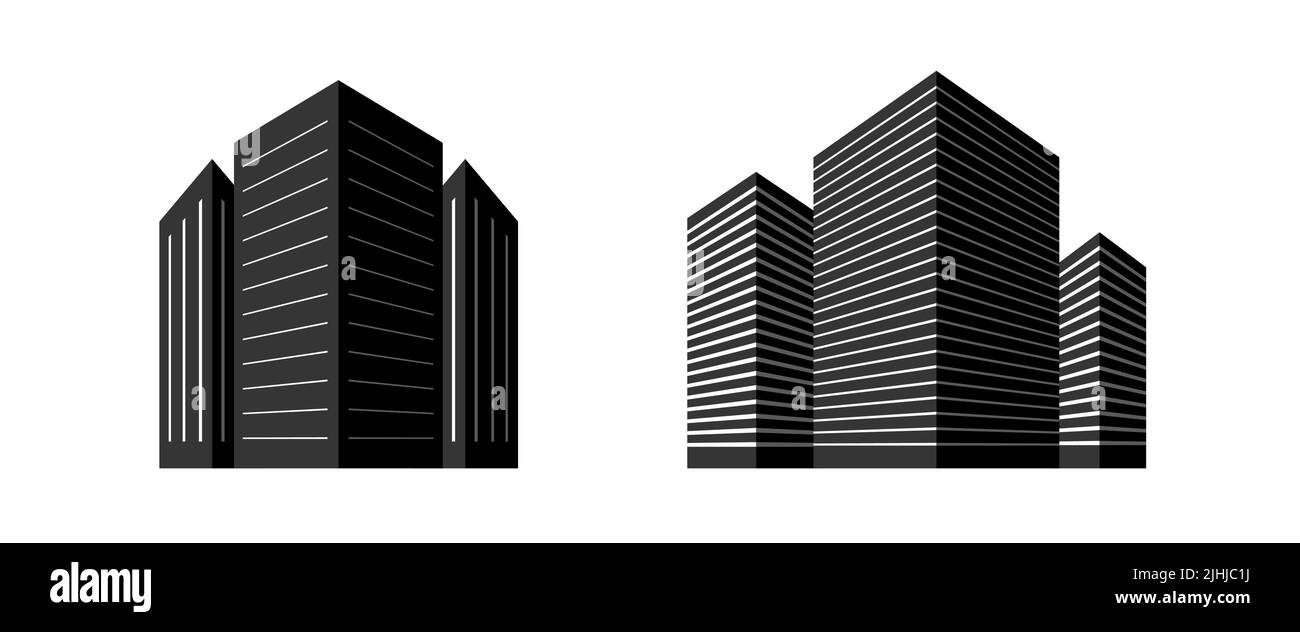 Gruppo di edifici allestiti. 3 case nere a più piani. Appartamenti business Office. Icona vettore, con ombra e prospettiva. Illustrazione Vettoriale