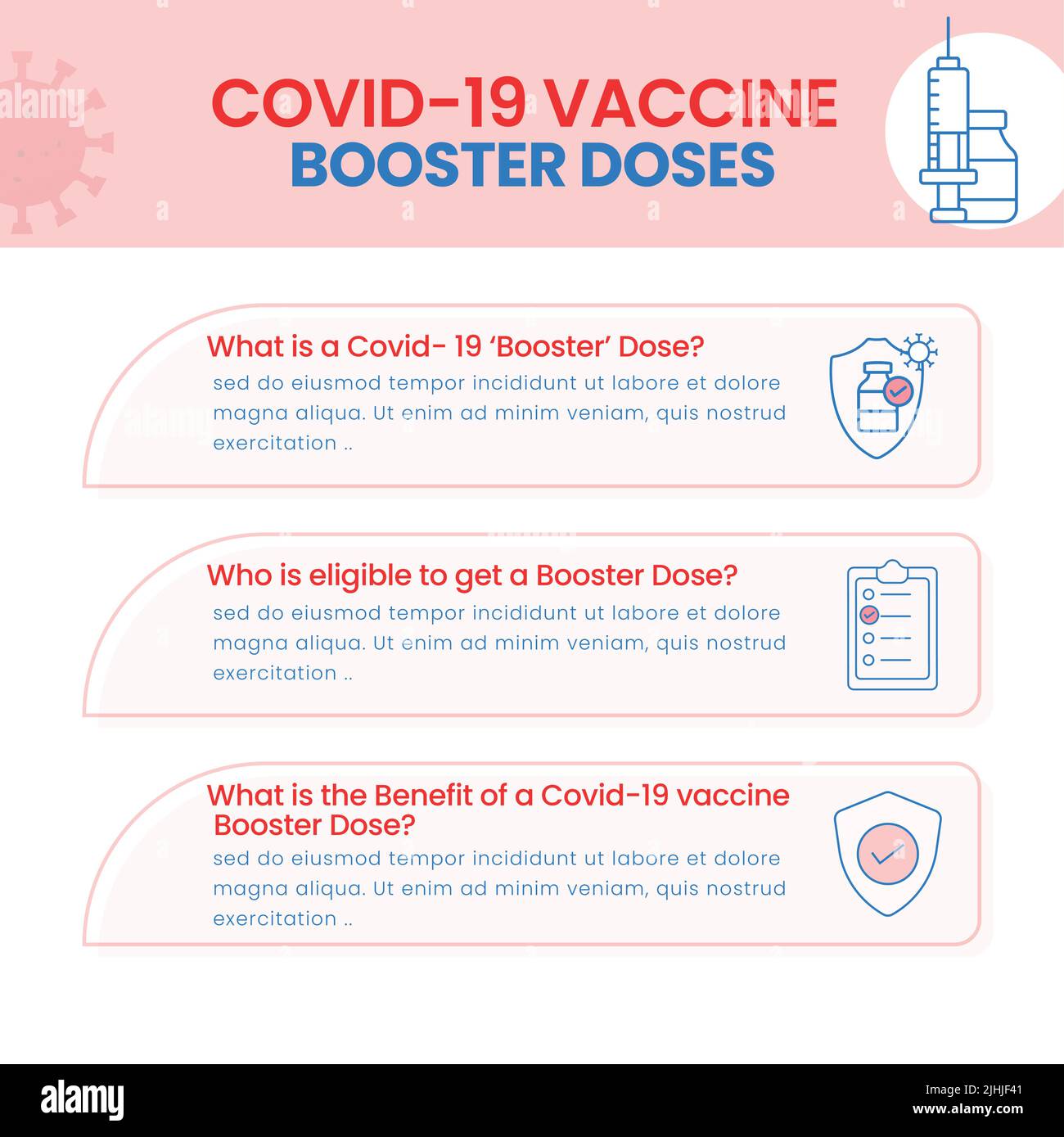 Covid-19 variante Booster dosi relative domanda e risposta su sfondo rosa e bianco per la consapevolezza. Illustrazione Vettoriale