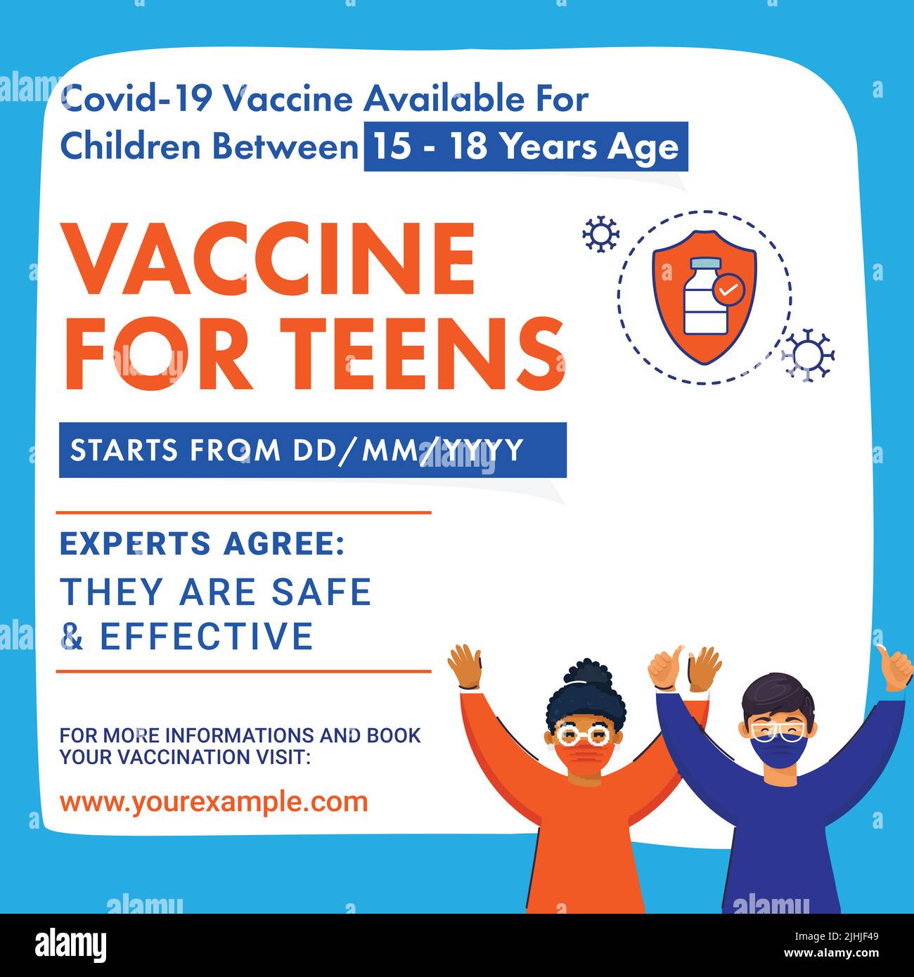 Vaccino Covid-19 disponibile per bambini tra i 15-18 anni con Teenage Boy e Girl Wear Safety Mask. Illustrazione Vettoriale
