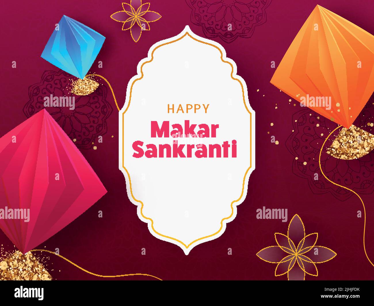 Happy Makar Sankranti Font su White Vintage Frame e colorati Origami Paper Kites su sfondo floreale rosso. Illustrazione Vettoriale