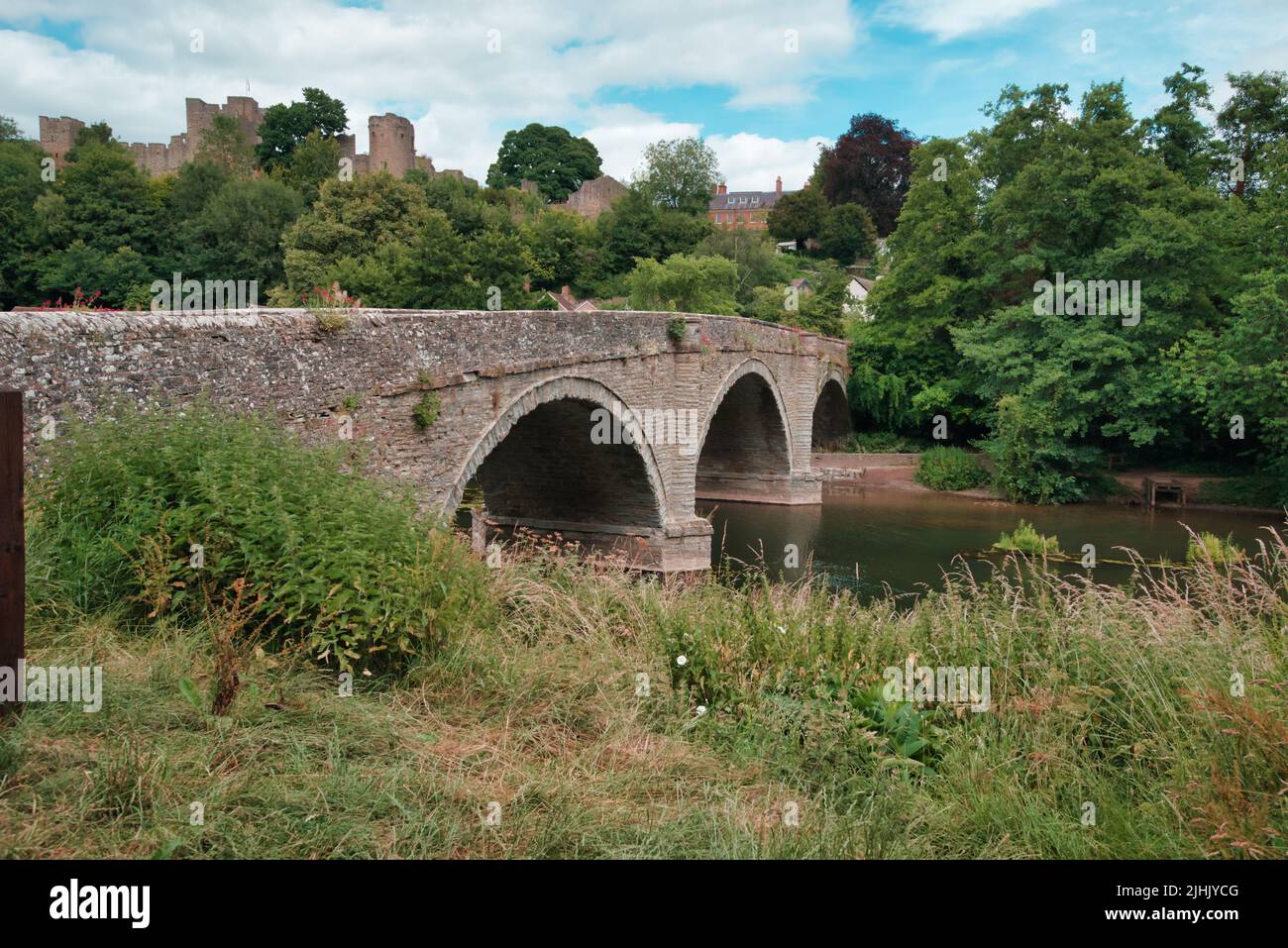 Dinham Bridge, Ludlow Shropshire, questa elevazione da sud-ovest mostra il ponte con il castello di Ludlow sullo sfondo. Foto Stock