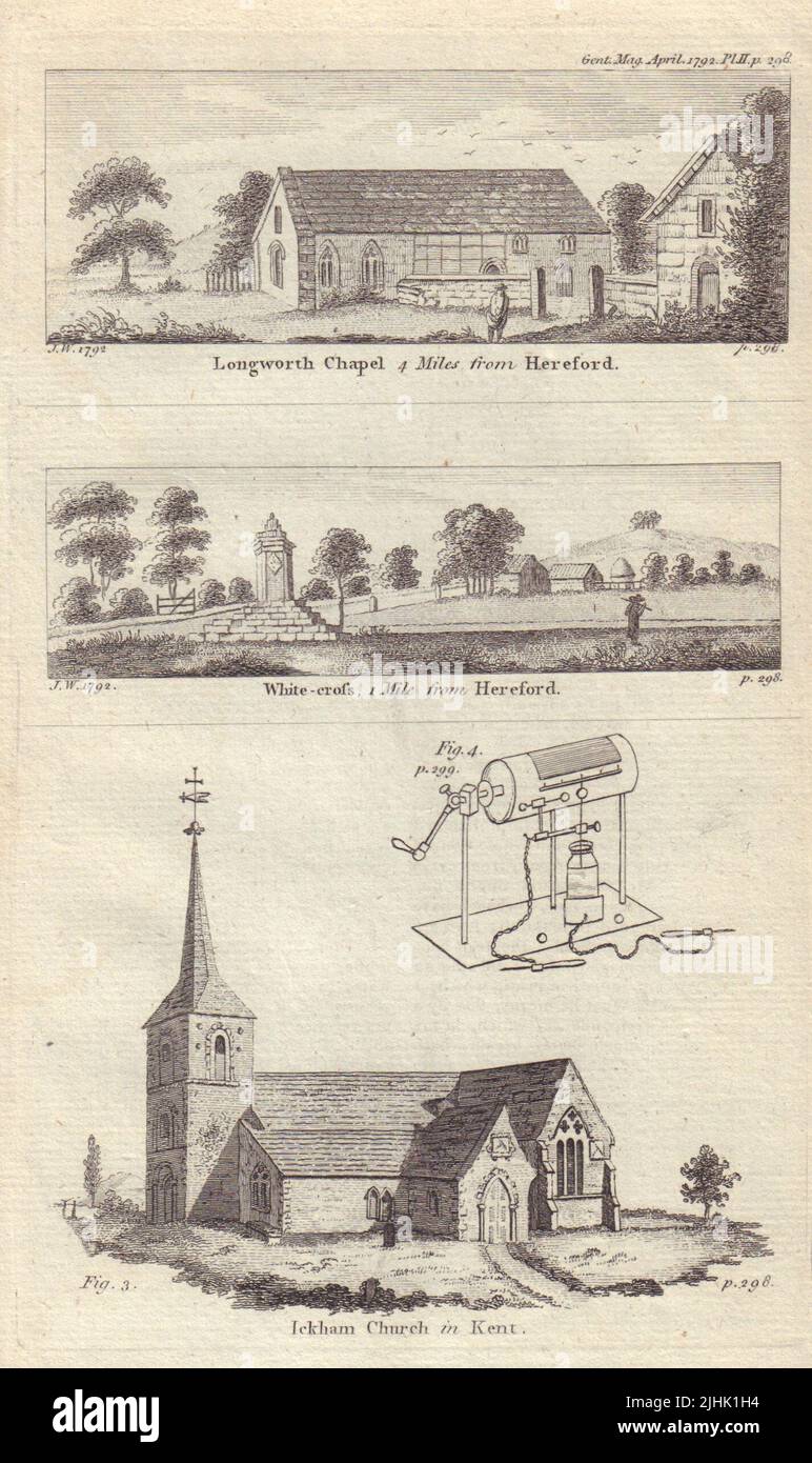 Longworth cappella. Croce bianca, Hereford. Ickham chiesa, Kent 1792 vecchia stampa Foto Stock