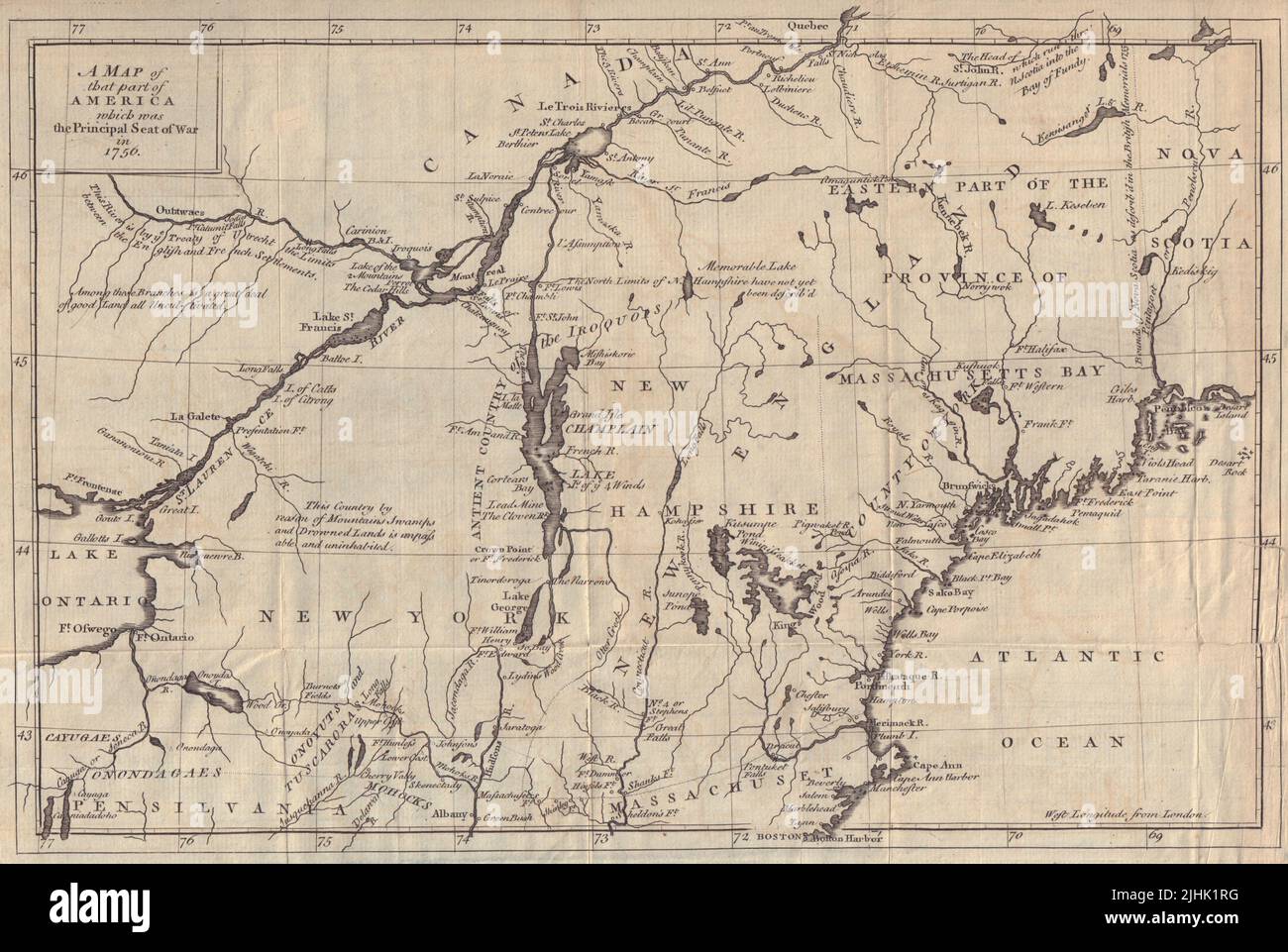 Quella parte dell'America che era… New England, New York, St Lawrence. MAPPA DI MING 1757 Foto Stock