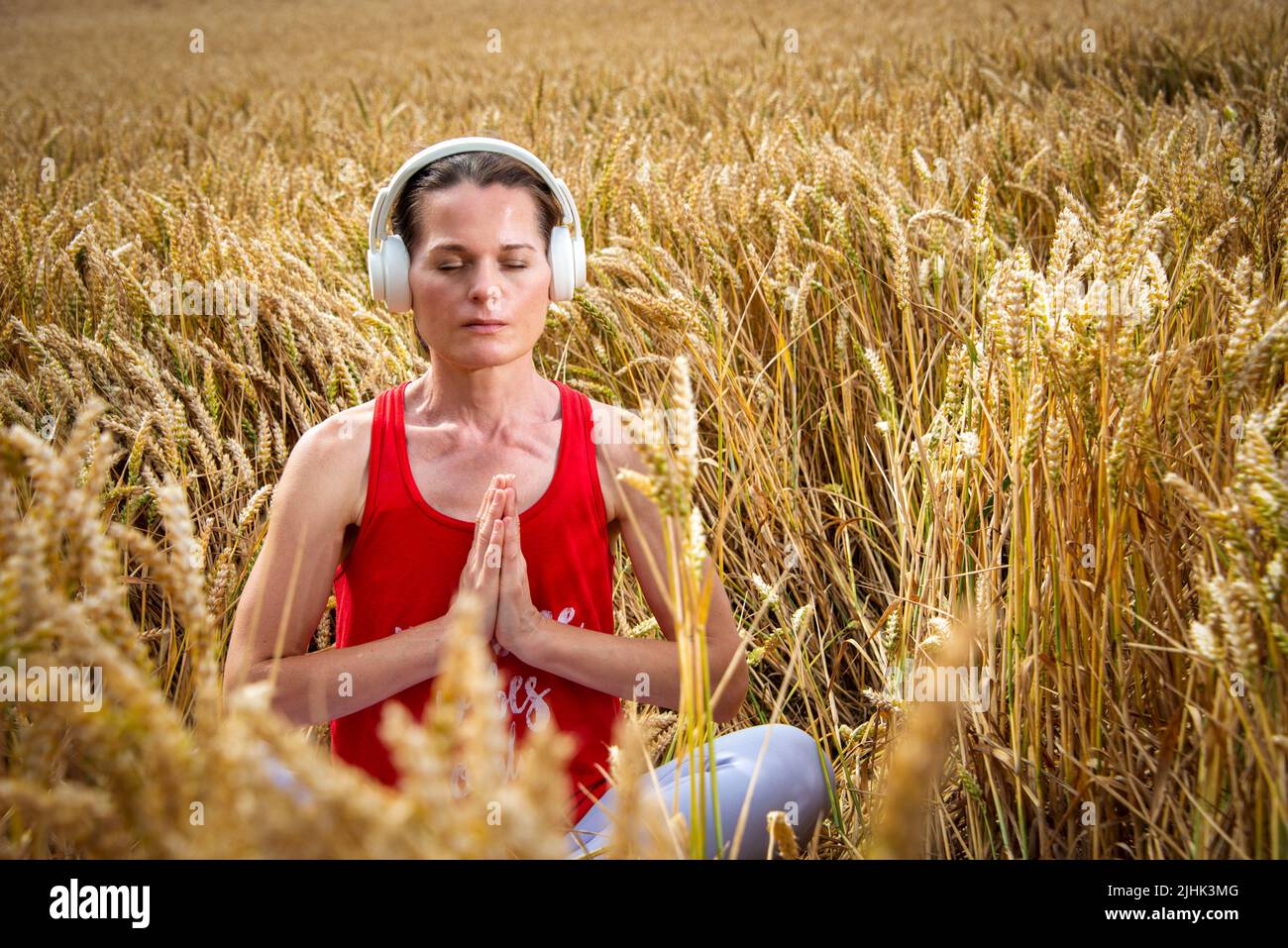 Donna seduta un campo di grano meditating indossando le cuffie Foto Stock