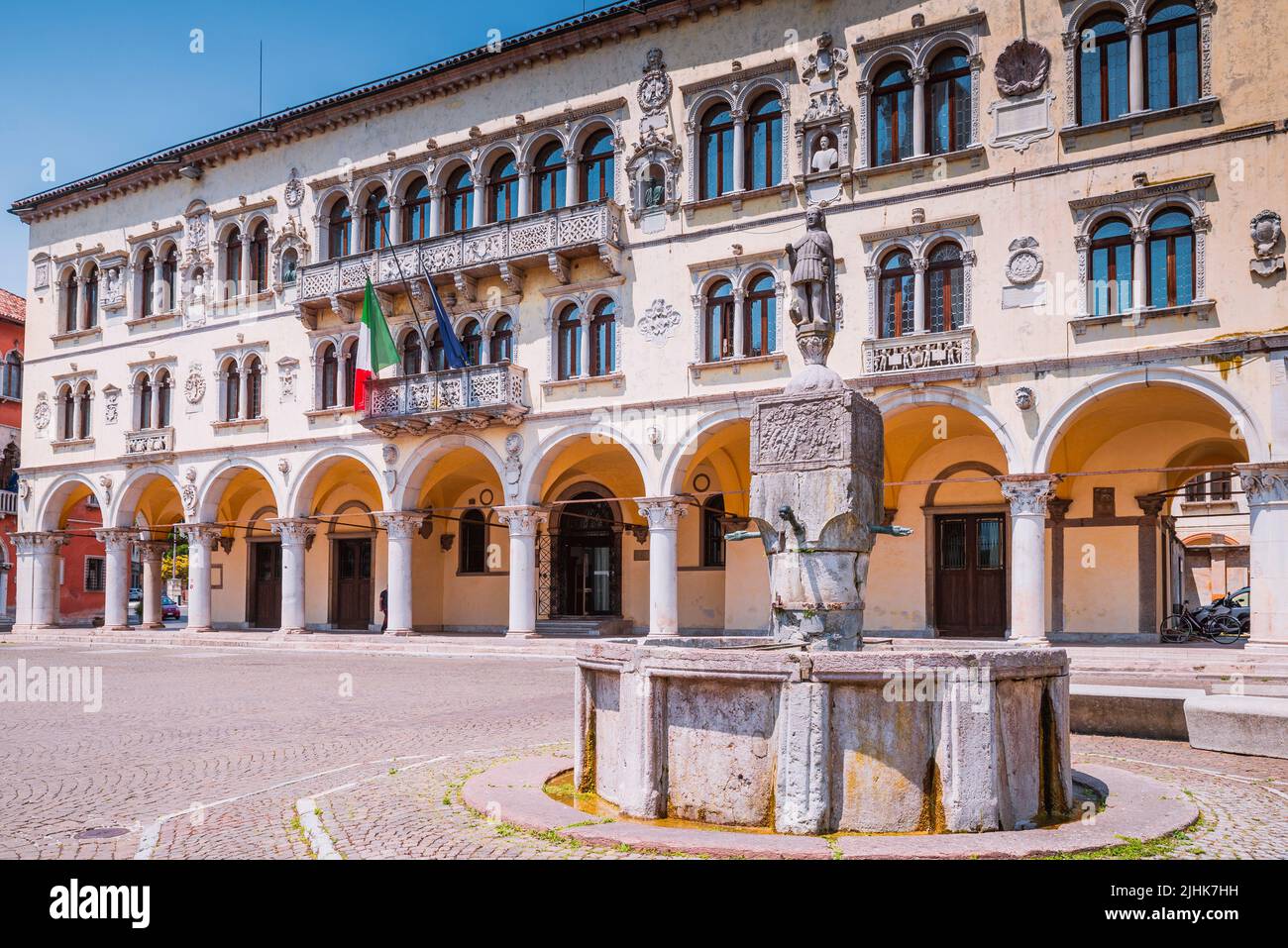 Fontana e statua di San Gioatà, San Giovanni Battista, sullo sfondo il Palazzo dei Rettori. Piazza del Duomo. Belluno, Veneto, Italia, Europa Foto Stock