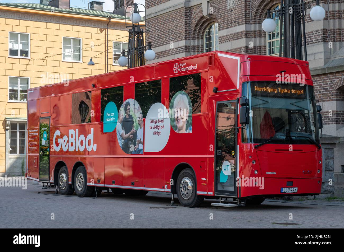 Il Blood Bus nel County Council di Östegtöland, Svezia, facilita i donatori di sangue a dare il sangue. Foto Stock