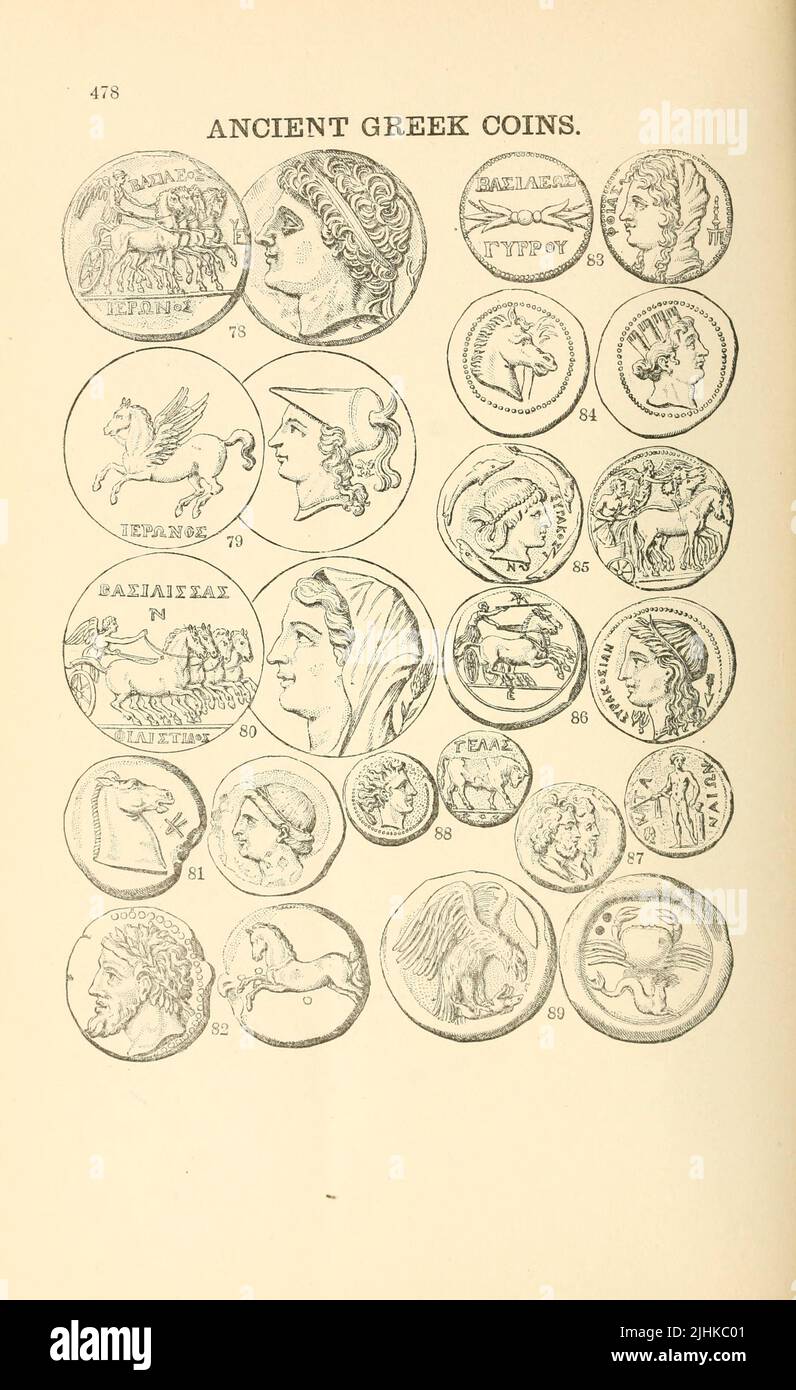 Antiche monete greche del libro Enciclopedia illustrata delle monete d'oro e d'argento del mondo; illustrando il moderno, antico, attuale e curioso, dal 1885 d.C. al 700 d.C. di Andrew Madsen Smith, Pubblicazione data 1886 Foto Stock