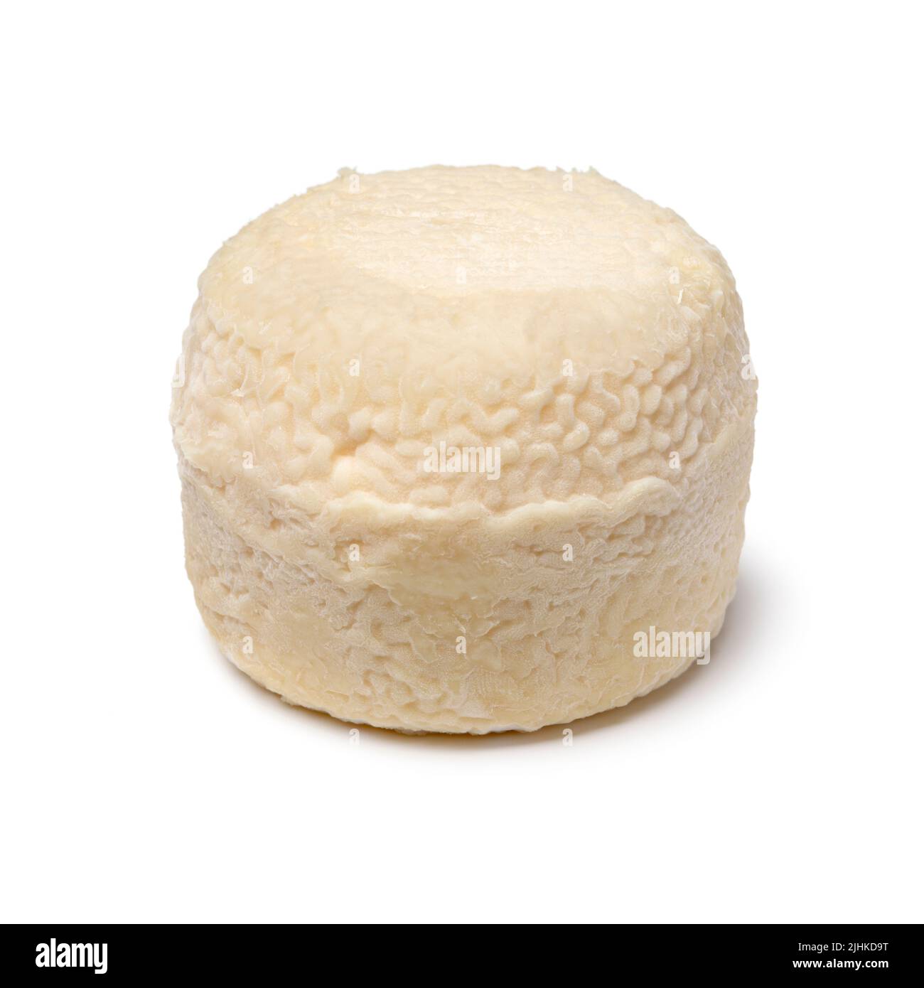 Singolo tradizionale francese piccoli formaggi di capra interi isolati su sfondo bianco da vicino Foto Stock