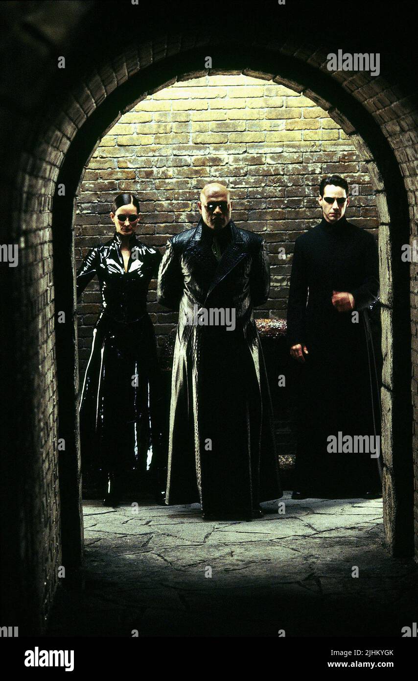 CARRIE-ANNE MOSS e Laurence FISHBURN, Keanu Reeves, il Matrix Reloaded, 2003 Foto Stock