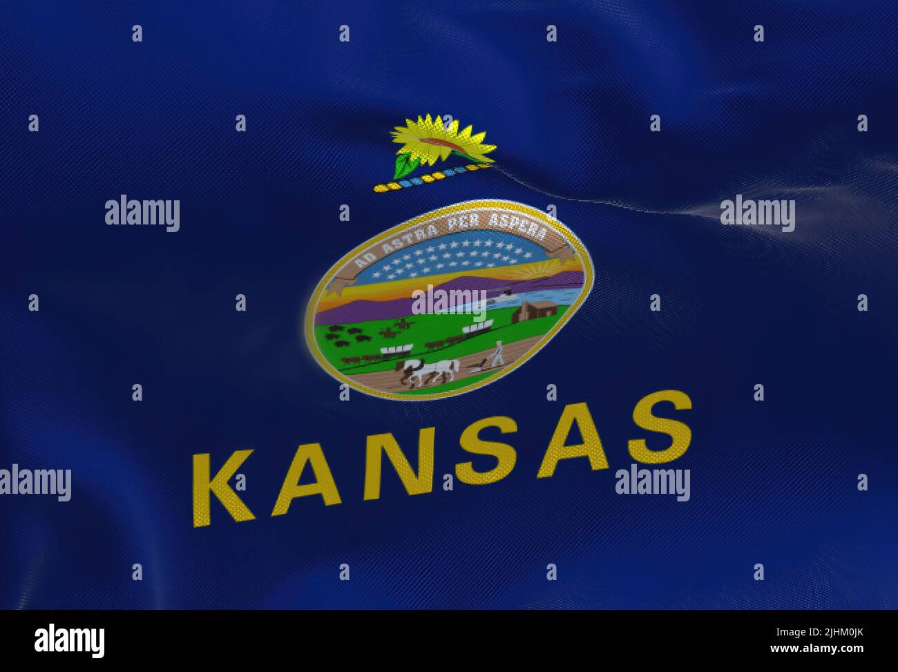 Tessuto di fondo con la bandiera di Kansas ondulazione. Il Kansas è uno stato del Midwest degli Stati Uniti. Democrazia e indipendenza. Foto Stock