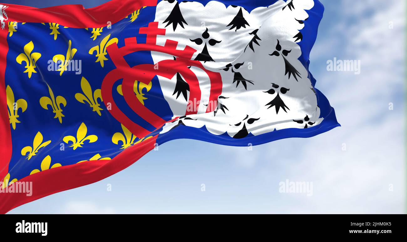 La bandiera della regione francese Pays de la Loire ondeggiante nel vento in una giornata limpida. Pays de la Loire è una delle 18 regioni della Francia, nella parte occidentale del Foto Stock