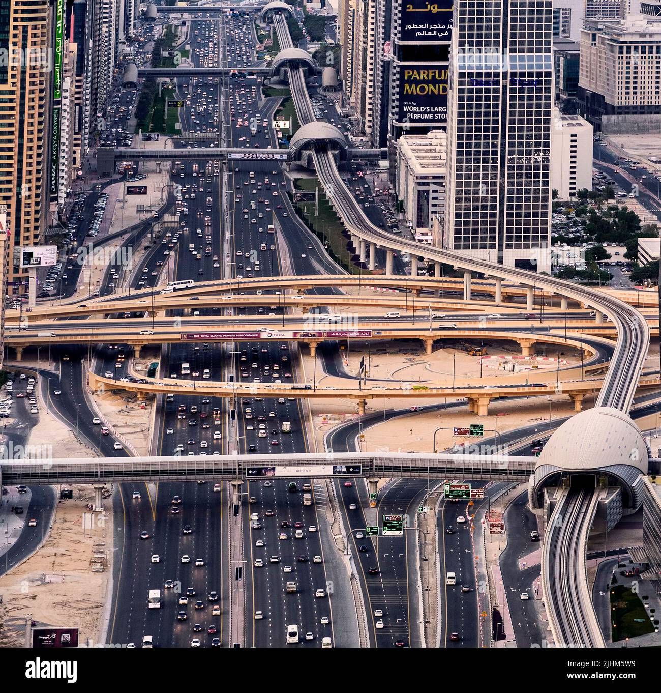 Vista aerea dello skyline di Dubai Sheikh Zayed Road, Emirati Arabi Uniti Foto Stock